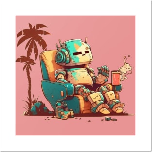An old robot get comfy with a cup od coffe no background Posters and Art